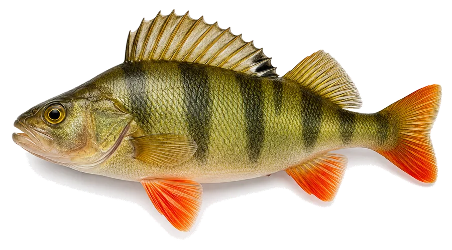 Flussbarsch (Perca fluviatilis), Seitenansicht — Mindestmaß in Schleswig-Holstein