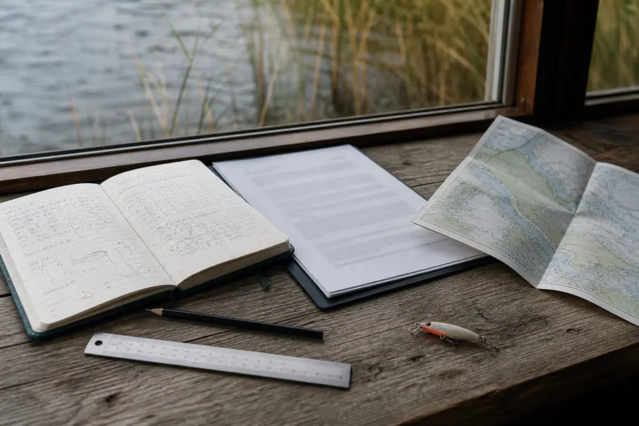 Notizbuch, Unterlagen, Karte und Angelköder auf einem Tisch am Wasser