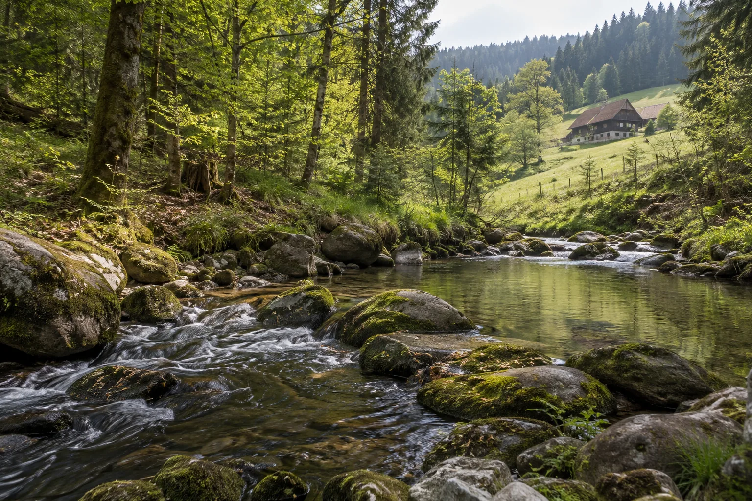 Forellenbach im Wald mit Kiesgrund