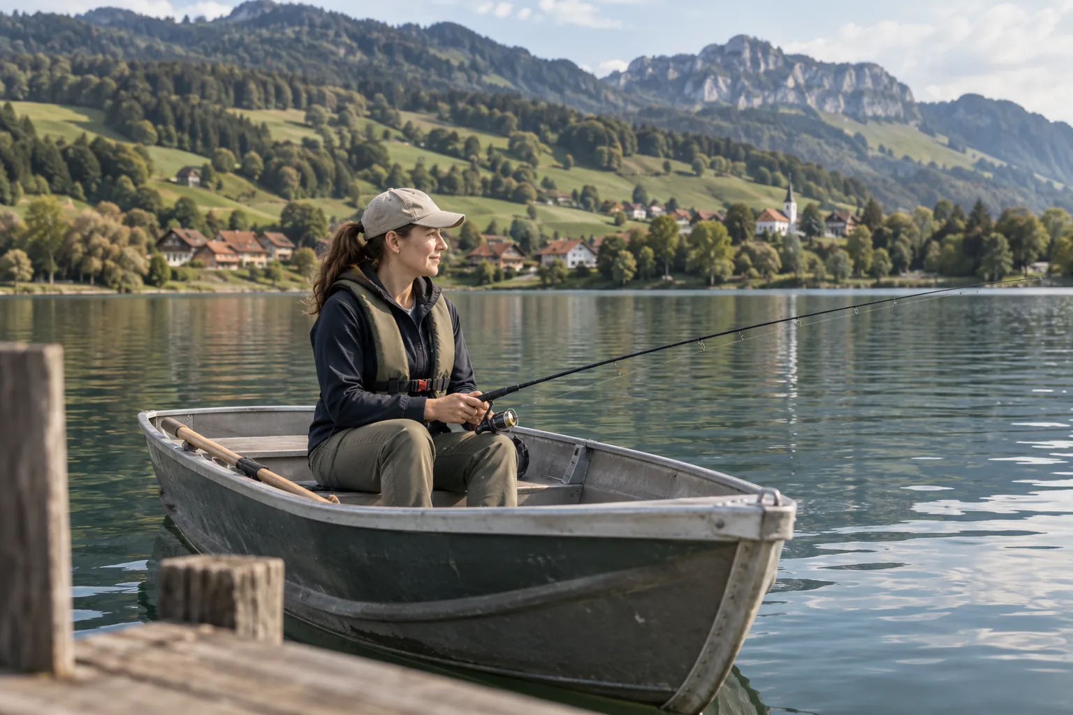 Anglerin mit Rute in einem Ruderboot auf einem Voralpensee