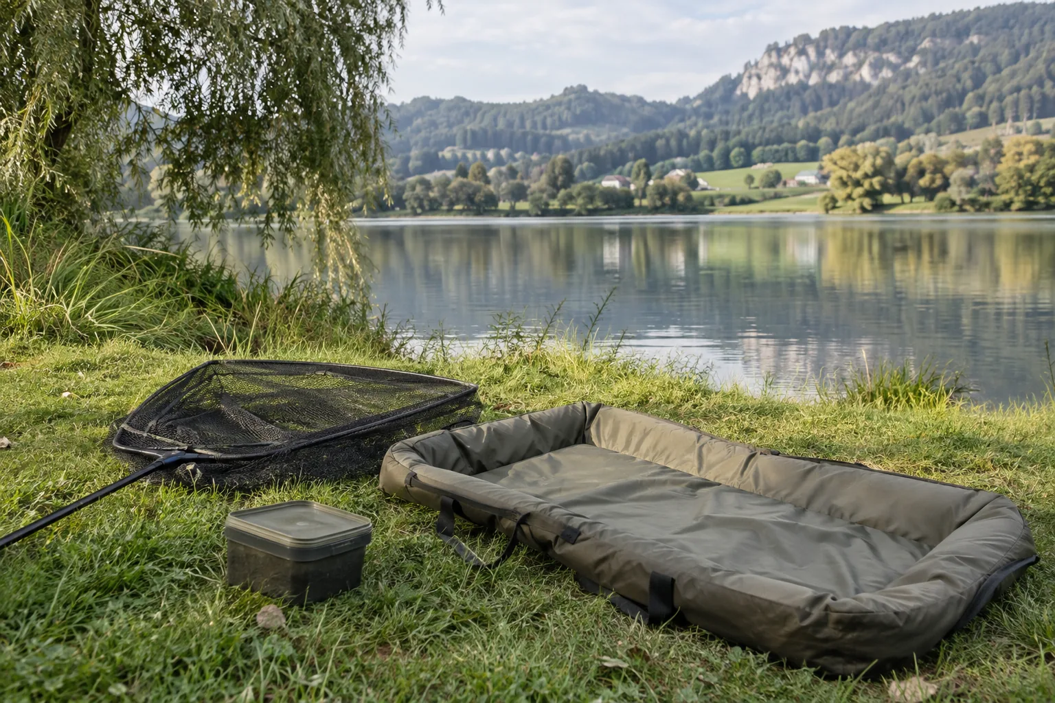 Abhakmatte und Kescher auf der Uferwiese