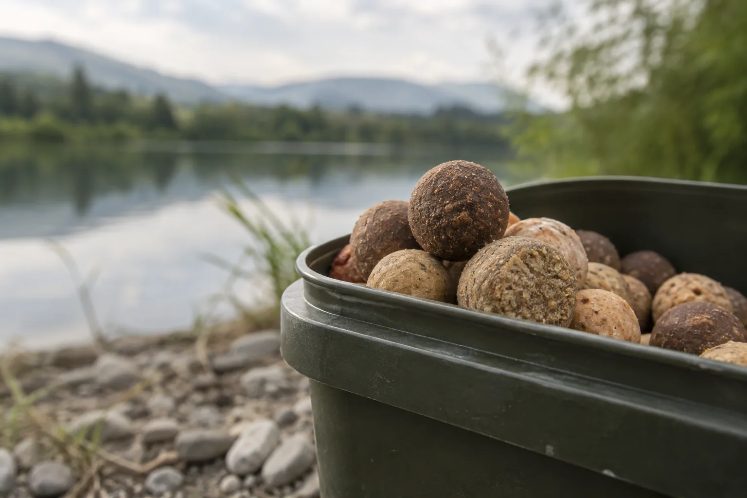 Eimer mit Boilies am Ufer