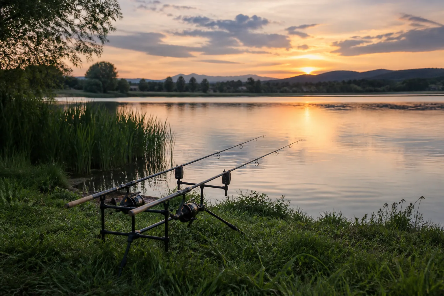 Zwei Karpfenruten auf einem Rod-Pod bei Sonnenuntergang