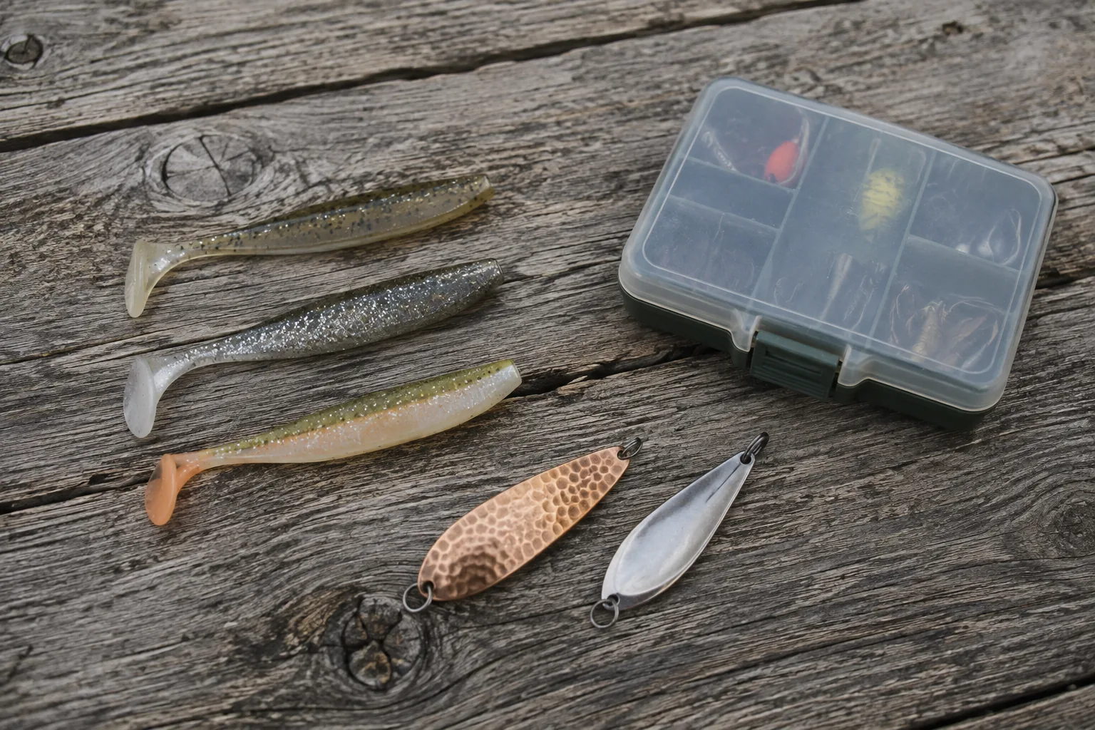 Gummifische und Blinker auf einer Holzbohle