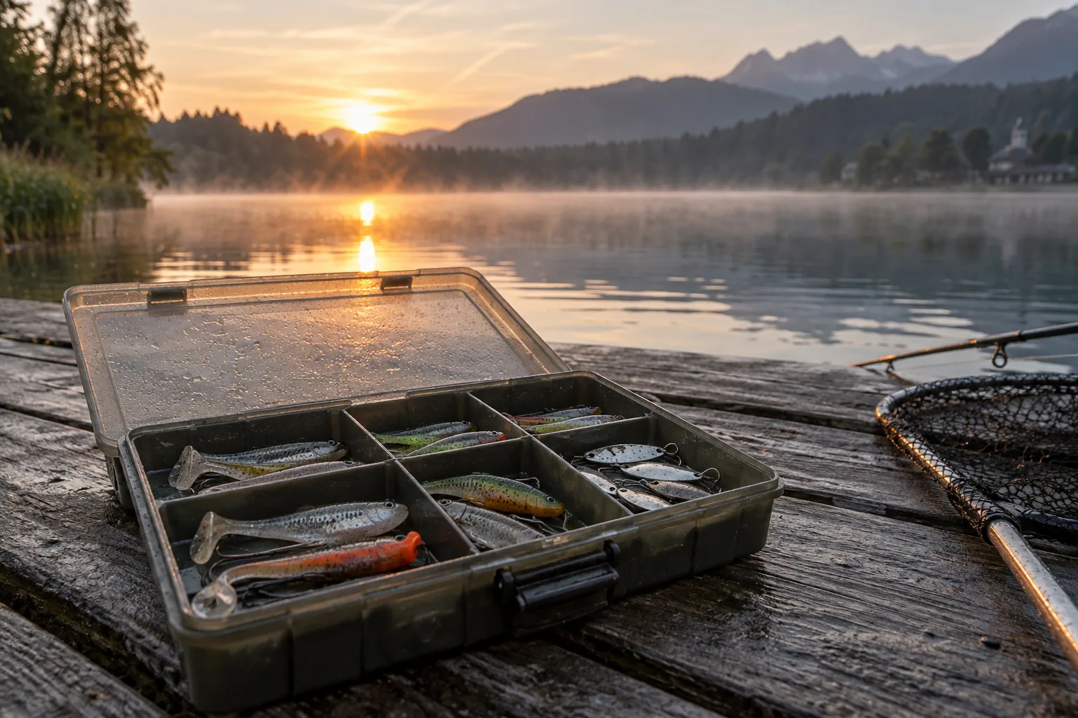 Geöffnete Köderbox auf einem Steg im Morgenlicht