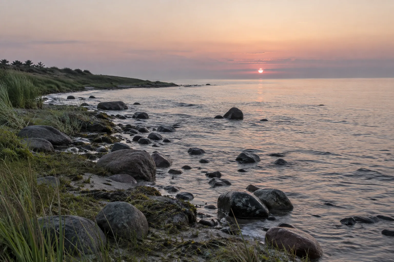 Steiniges Ostseeufer bei Sonnenaufgang