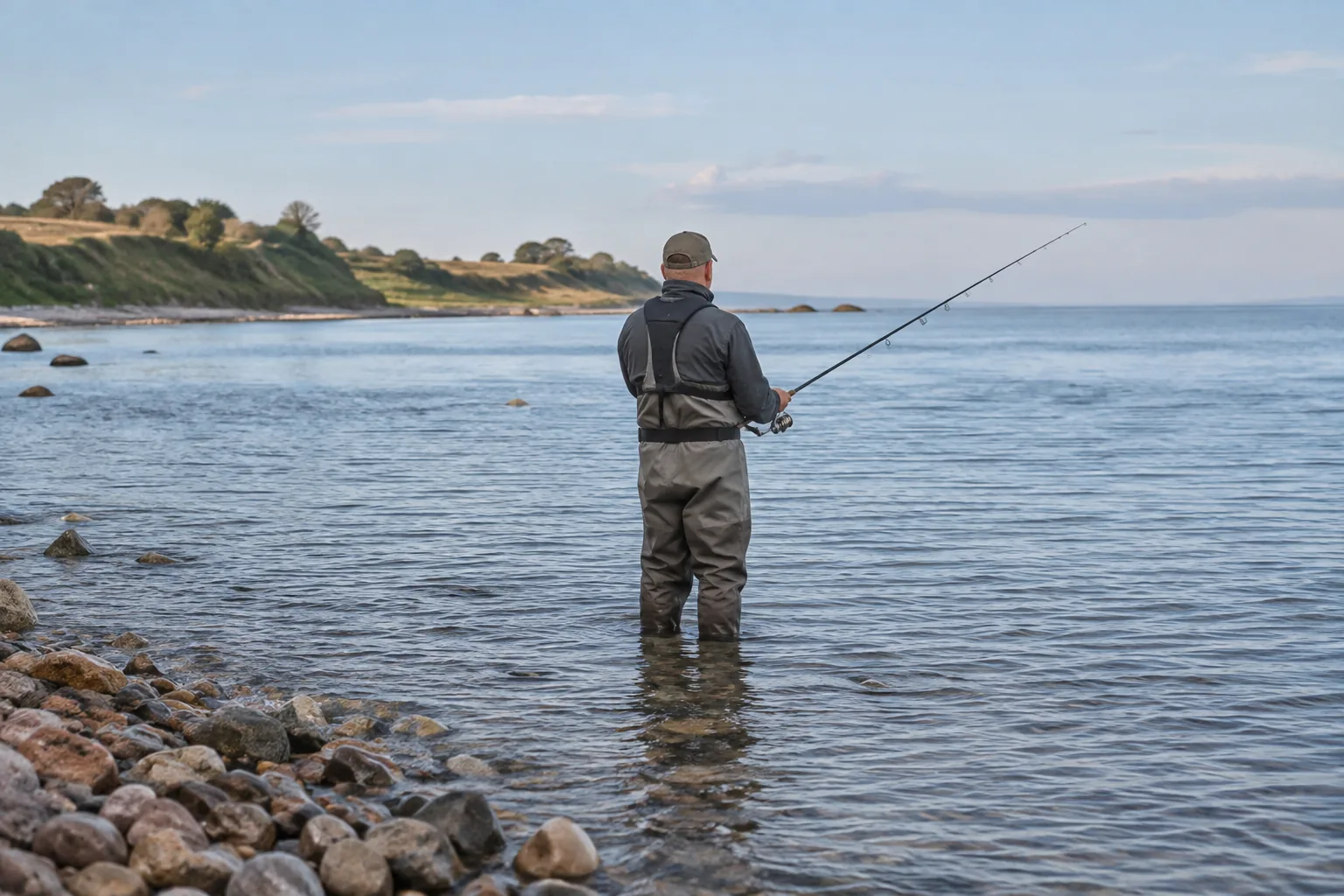 Angler in Wathose wirft an der Ostseeküste