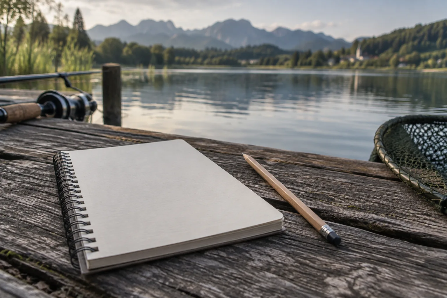Aufgeschlagener Notizblock und Stift auf einem Holztisch am Wasser