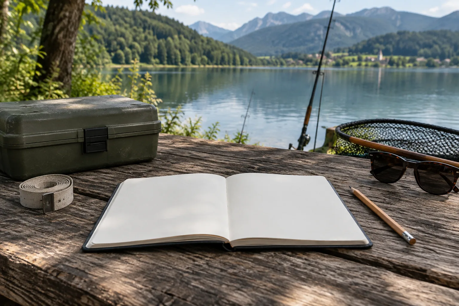Offenes Notizbuch neben Gerätebox und Rute am Ufer