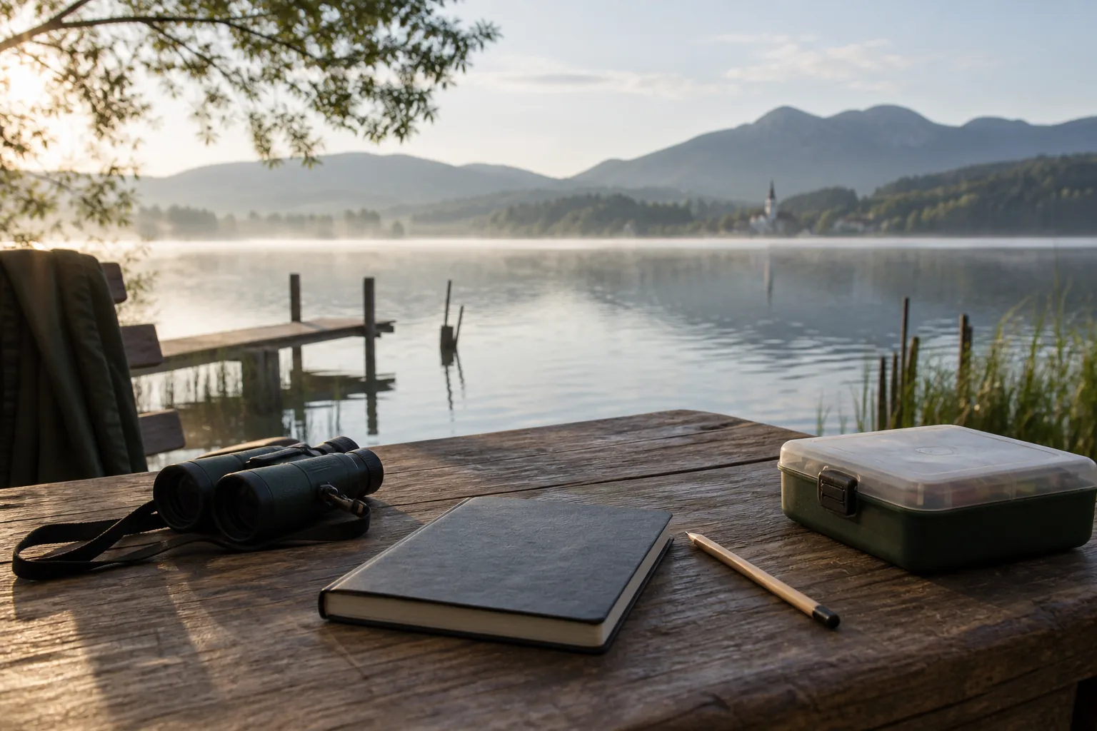 Fernglas, Notizbuch und Gerätebox auf einem Tisch am See