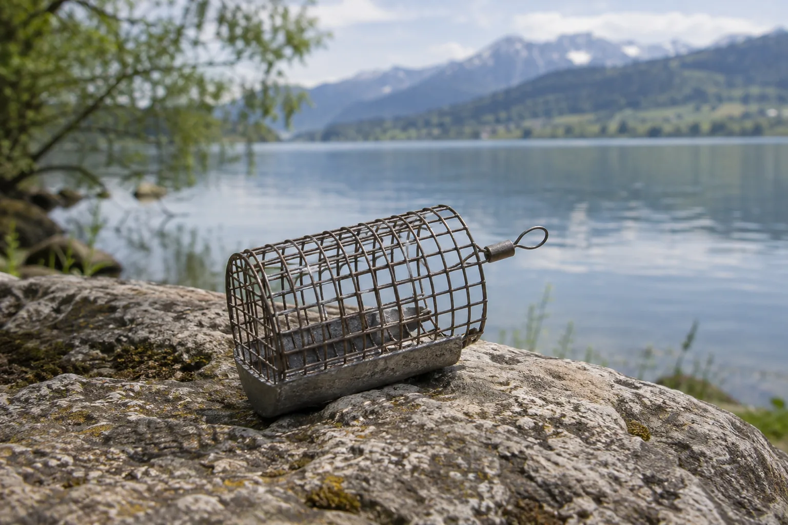 Futterkorb auf einem Stein am Ufer