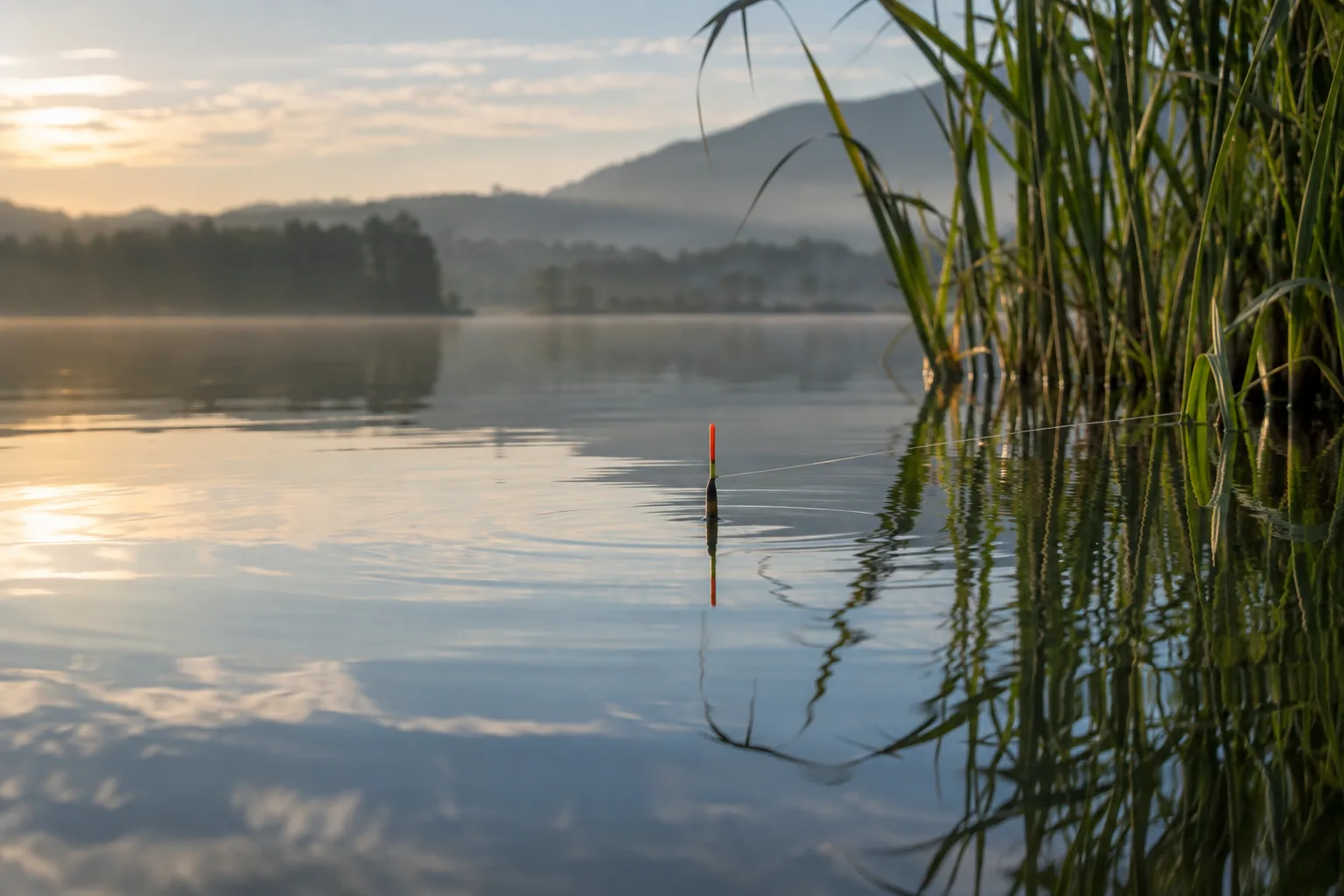Pose im Wasser zwischen Schilfhalmen