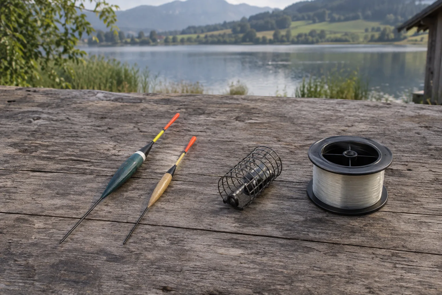 Posen, Futterkorb und Schnurspule auf Holz
