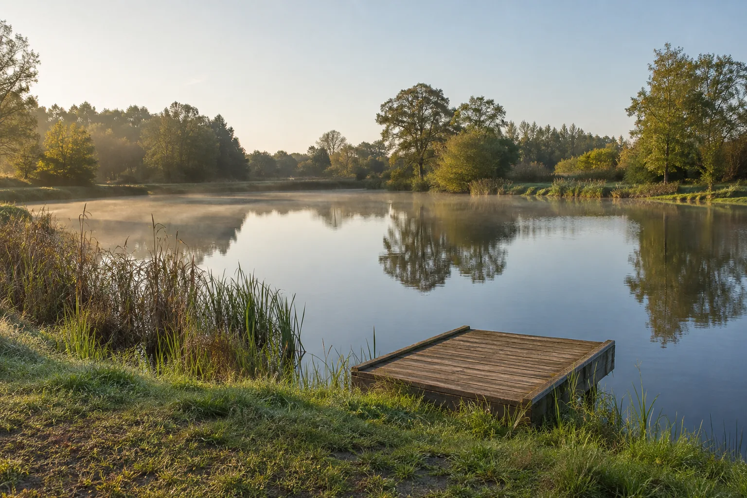 Kleiner Angelteich mit Holzplattform am Morgen